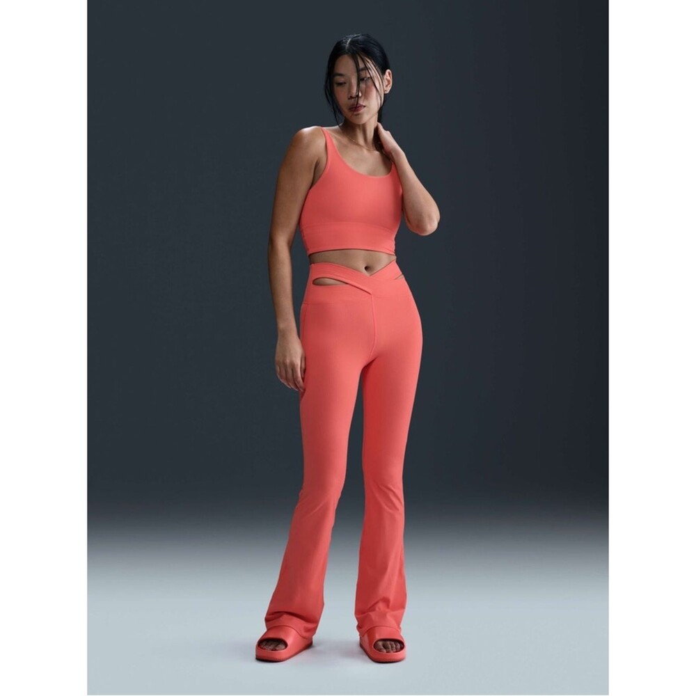 Nike Zenvy Rib Women's High-Waisted Full-Length Flared Leggings coral size L NWT - Picture 1 of 12
